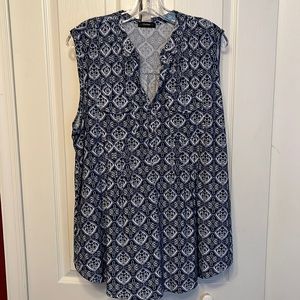 Sleeveless blue & white top with silver buttons